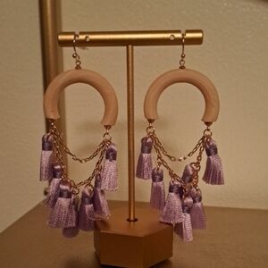Lavender Tassel Wood Hoop Earrings with Gold Chains - Women Jewelry